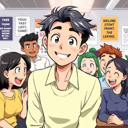 An anime-style illustration featuring Jake, a team leader depicted as a friendly young adult male with expressive eyes, showing a warm smile while interacting with his diverse team members