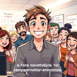 An anime-style illustration featuring Jake, a team leader depicted as a friendly young adult male with expressive eyes, showing a warm smile while interacting with his diverse team members