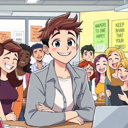 An anime-style illustration featuring Jake, a team leader depicted as a friendly young adult male with expressive eyes, showing a warm smile while interacting with his diverse team members