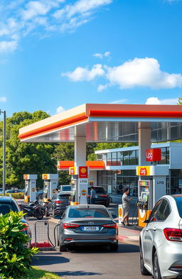 A detailed and vibrant depiction of a Gas and LPG filling station, showcasing multiple fuel pumps under a bright, clear sky