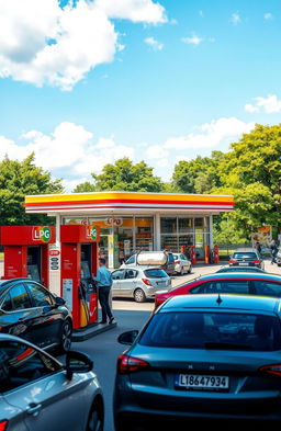 A detailed and vibrant depiction of a Gas and LPG filling station, showcasing multiple fuel pumps under a bright, clear sky