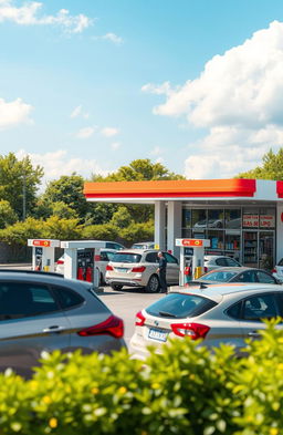 A detailed and vibrant depiction of a Gas and LPG filling station, showcasing multiple fuel pumps under a bright, clear sky