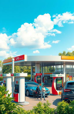 A detailed and vibrant depiction of a Gas and LPG filling station, showcasing multiple fuel pumps under a bright, clear sky