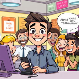 A cartoon-style illustration depicting Jake, a team leader, as a cheerful and approachable character with exaggerated features, such as large expressive eyes and a friendly smile