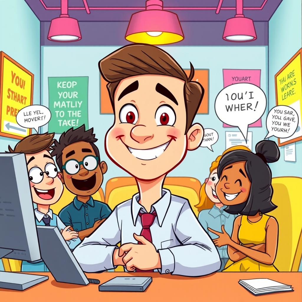 A cartoon-style illustration depicting Jake, a team leader, as a cheerful and approachable character with exaggerated features, such as large expressive eyes and a friendly smile