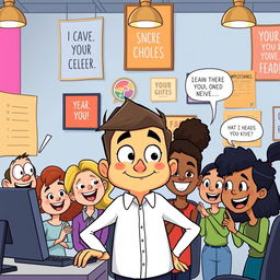 A cartoon-style illustration depicting Jake, a team leader, as a cheerful and approachable character with exaggerated features, such as large expressive eyes and a friendly smile