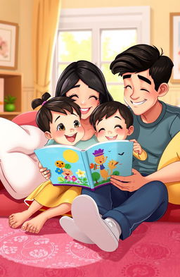 An animated scene depicting two children and their parents sitting together in a cozy living room, reading a colorful picture book