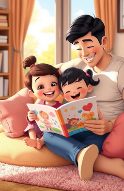 An animated scene depicting two children and their parents sitting together in a cozy living room, reading a colorful picture book