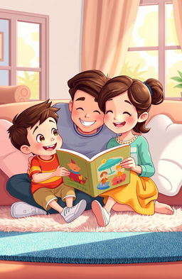 An animated scene depicting two children and their parents sitting together in a cozy living room, reading a colorful picture book