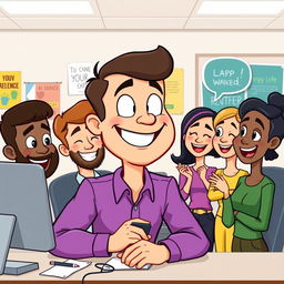 A cartoon-style illustration depicting Jake, a team leader, as a friendly and cheerful character with a large smile and big expressive eyes