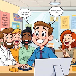 A cartoon-style illustration depicting Jake, a team leader, as a friendly and cheerful character with a large smile and big expressive eyes