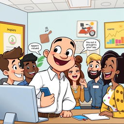 A cartoon-style illustration depicting Jake, a team leader, as a friendly and cheerful character with a large smile and big expressive eyes
