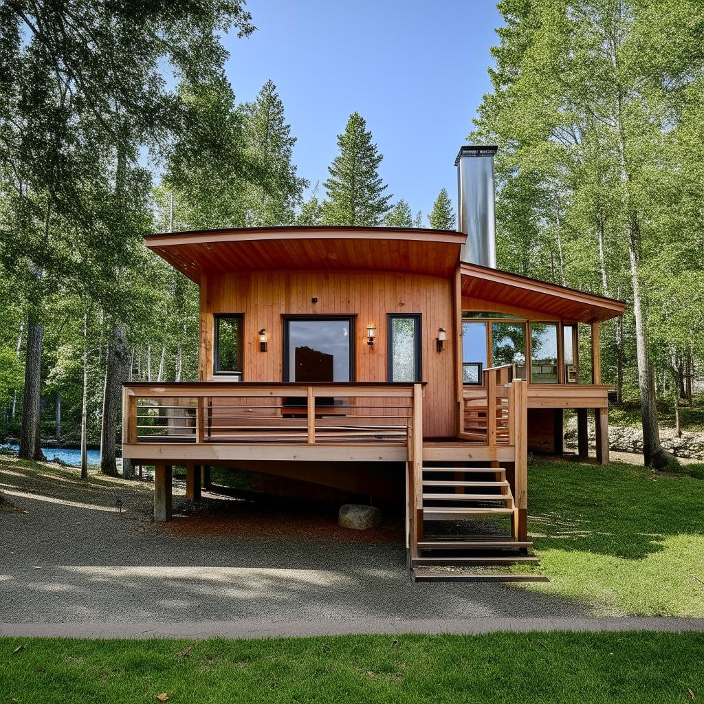 A quaint small house located by a peaceful lake, featuring a spacious deck.