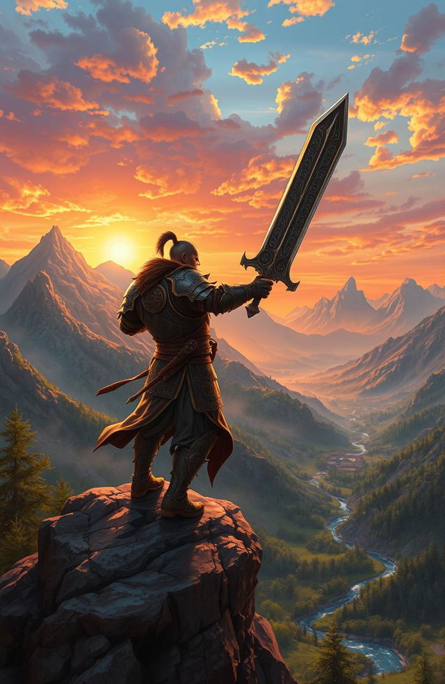 A heroic fantasy scene depicting a mighty warrior wielding an intricately designed sword, standing atop a rocky cliff overlooking a mystical valley