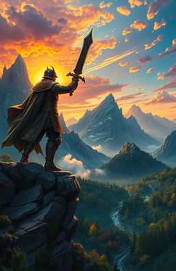A heroic fantasy scene depicting a mighty warrior wielding an intricately designed sword, standing atop a rocky cliff overlooking a mystical valley
