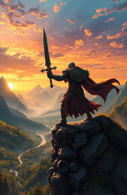 A heroic fantasy scene depicting a mighty warrior wielding an intricately designed sword, standing atop a rocky cliff overlooking a mystical valley