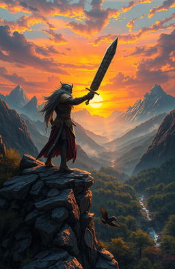 A heroic fantasy scene depicting a mighty warrior wielding an intricately designed sword, standing atop a rocky cliff overlooking a mystical valley