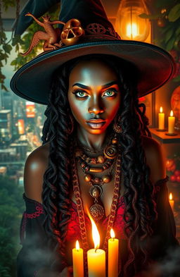 A powerful and enchanting black woman witch with green hazel eyes, deeply connected to her spiritual lineage
