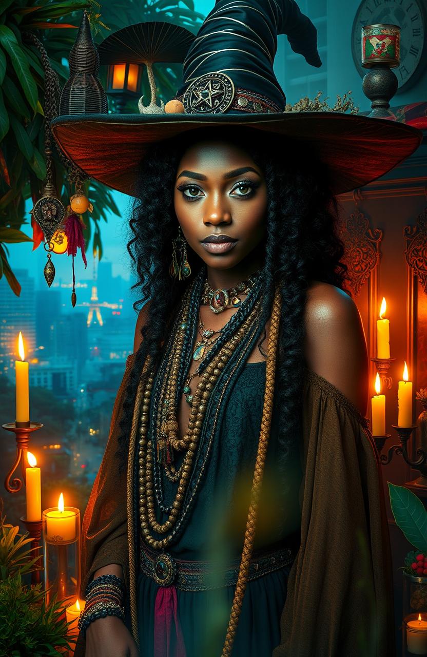 A powerful and enchanting black woman witch with green hazel eyes, deeply connected to her spiritual lineage