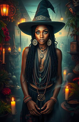 A powerful and enchanting black woman witch with green hazel eyes, deeply connected to her spiritual lineage