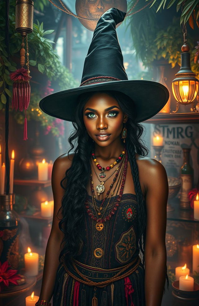 A powerful and enchanting black woman witch with green hazel eyes, deeply connected to her spiritual lineage