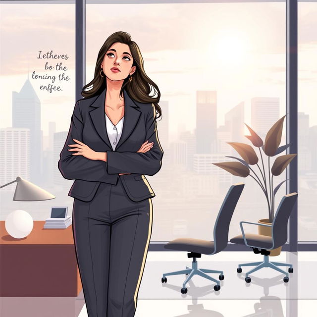 A motivational illustration depicting Sofia, a high-level executive, as a confident woman in a professional outfit, with a serene expression that reflects her newfound self-empathy