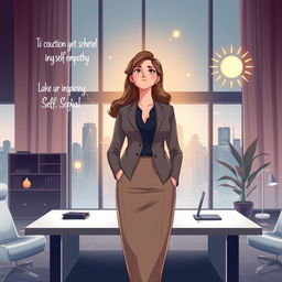 A motivational illustration depicting Sofia, a high-level executive, as a confident woman in a professional outfit, with a serene expression that reflects her newfound self-empathy