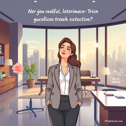 A motivational illustration depicting Sofia, a high-level executive, as a confident woman in a professional outfit, with a serene expression that reflects her newfound self-empathy