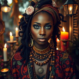 A striking black woman resembling Erykah Badu, embodying the essence of a hoodoo voodoo mambo