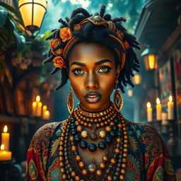 A striking black woman resembling Erykah Badu, embodying the essence of a hoodoo voodoo mambo