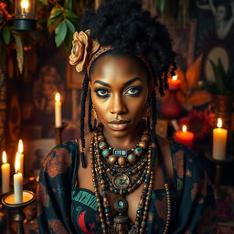 A striking black woman resembling Erykah Badu, embodying the essence of a hoodoo voodoo mambo