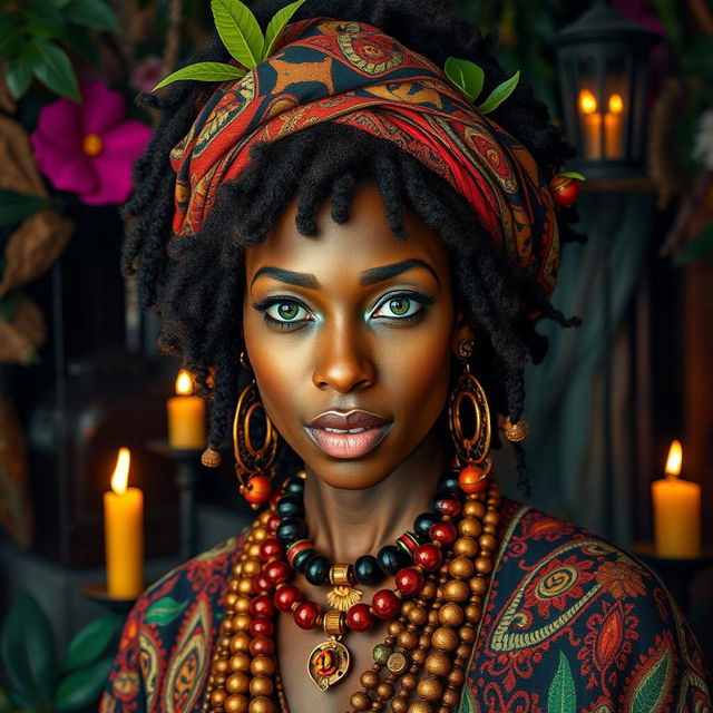 A striking black woman resembling Erykah Badu, embodying the essence of a hoodoo voodoo mambo