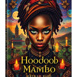 A captivating book cover featuring a black woman resembling Erykah Badu, embodying the spirit of a hoodoo voodoo mambo