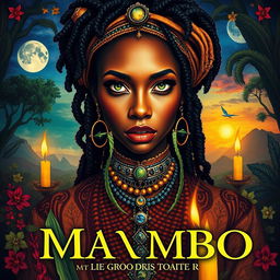 A captivating book cover featuring a black woman resembling Erykah Badu, embodying the spirit of a hoodoo voodoo mambo