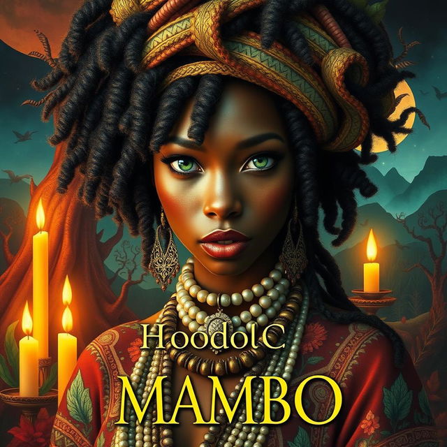 A captivating book cover featuring a black woman resembling Erykah Badu, embodying the spirit of a hoodoo voodoo mambo