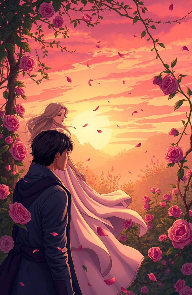 A beautifully illustrated scene depicting a poignant moment in the story of 'Legend of the Rose', showcasing a stunning woman with flowing, elegant hair, dressed in a flowing gown adorned with roses