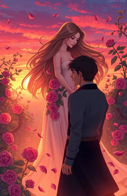 A beautifully illustrated scene depicting a poignant moment in the story of 'Legend of the Rose', showcasing a stunning woman with flowing, elegant hair, dressed in a flowing gown adorned with roses