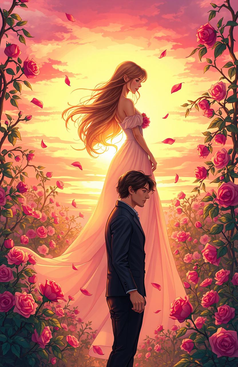 A beautifully illustrated scene depicting a poignant moment in the story of 'Legend of the Rose', showcasing a stunning woman with flowing, elegant hair, dressed in a flowing gown adorned with roses