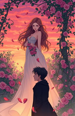 A beautifully illustrated scene depicting a poignant moment in the story of 'Legend of the Rose', showcasing a stunning woman with flowing, elegant hair, dressed in a flowing gown adorned with roses