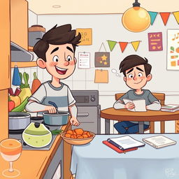 A heartwarming cartoon-style illustration depicting Evan, a college student, and his roommate in a cozy dorm kitchen