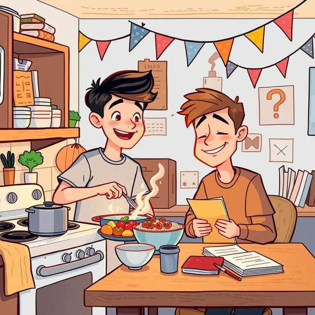 A heartwarming cartoon-style illustration depicting Evan, a college student, and his roommate in a cozy dorm kitchen