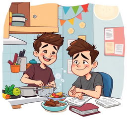 A heartwarming cartoon-style illustration depicting Evan, a college student, and his roommate in a cozy dorm kitchen