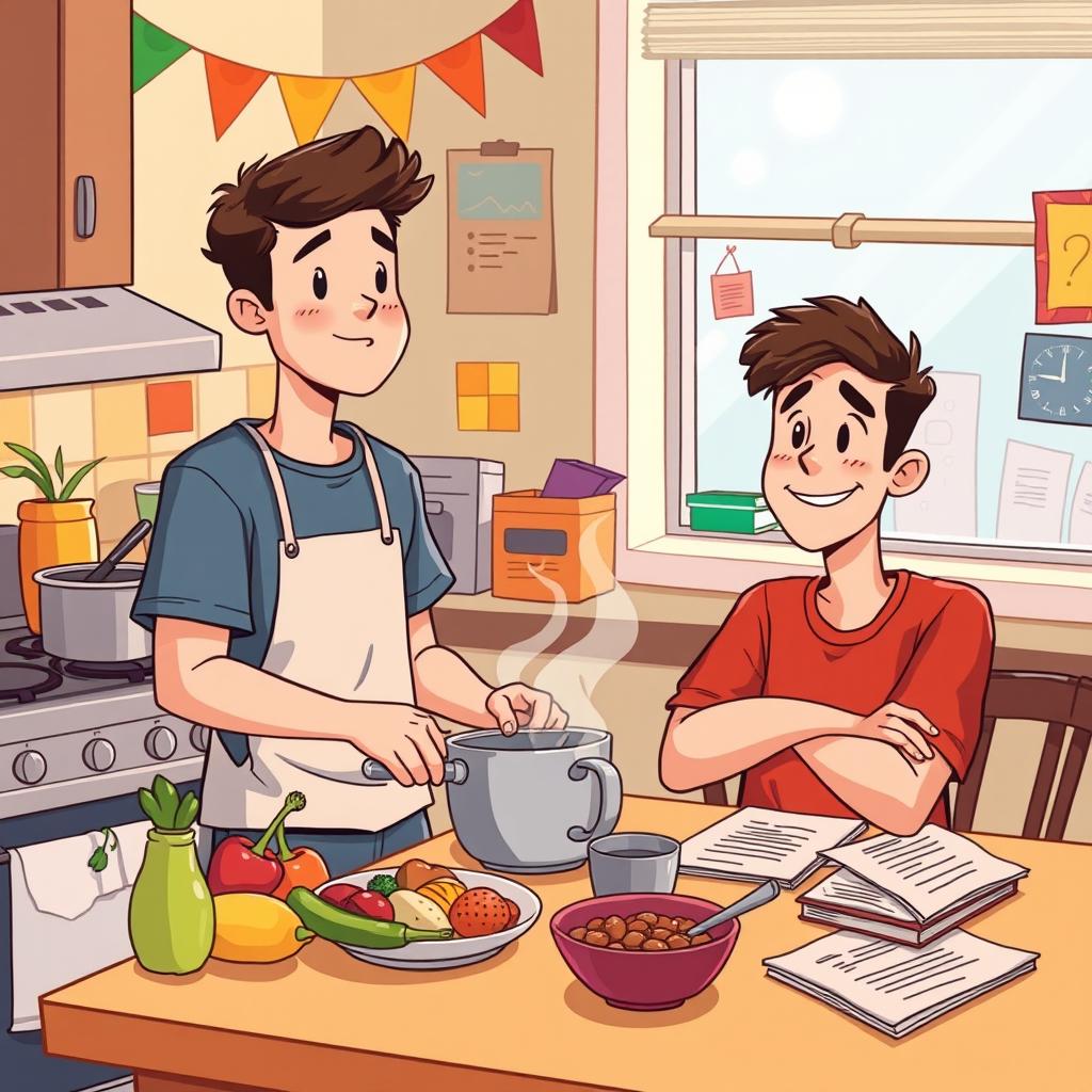 A heartwarming cartoon-style illustration depicting Evan, a college student, and his roommate in a cozy dorm kitchen