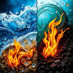 A dynamic and visually stunning representation of the four elemental forces: water, air, fire, and earth, each artistically intertwined with glass shards that shimmer and reflect light