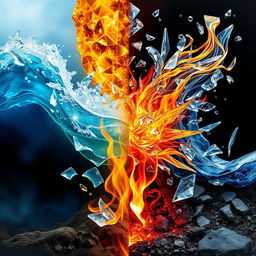 A dynamic and visually stunning representation of the four elemental forces: water, air, fire, and earth, each artistically intertwined with glass shards that shimmer and reflect light