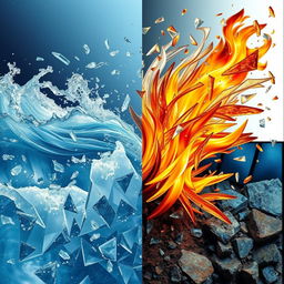 A dynamic and visually stunning representation of the four elemental forces: water, air, fire, and earth, each artistically intertwined with glass shards that shimmer and reflect light