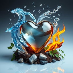 A captivating artistic representation of a glass heart at the center, surrounded by the four elemental forces: water, air, fire, and earth