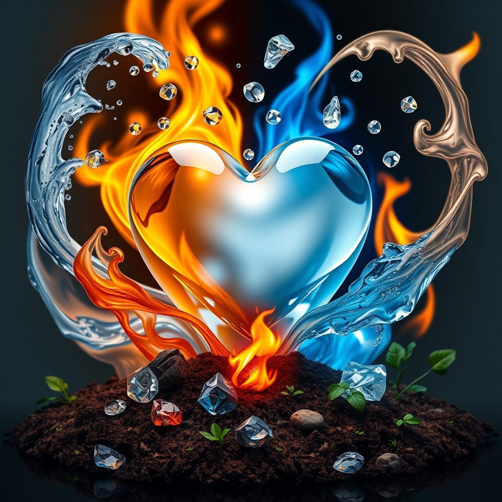 A captivating artistic representation of a glass heart at the center, surrounded by the four elemental forces: water, air, fire, and earth