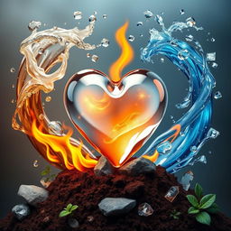 A captivating artistic representation of a glass heart at the center, surrounded by the four elemental forces: water, air, fire, and earth