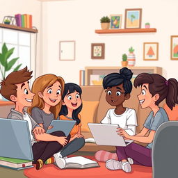 A heartwarming cartoon-style illustration showing Sarah, a caring mother in her 40s, engaged in a meaningful conversation with her two teenagers in a cozy living room setting